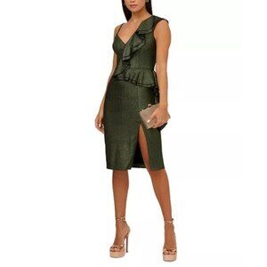 Aidan Adrianna Papell Womens Size 6 Green Metallic Ruffle V-Neck Cocktail Dress